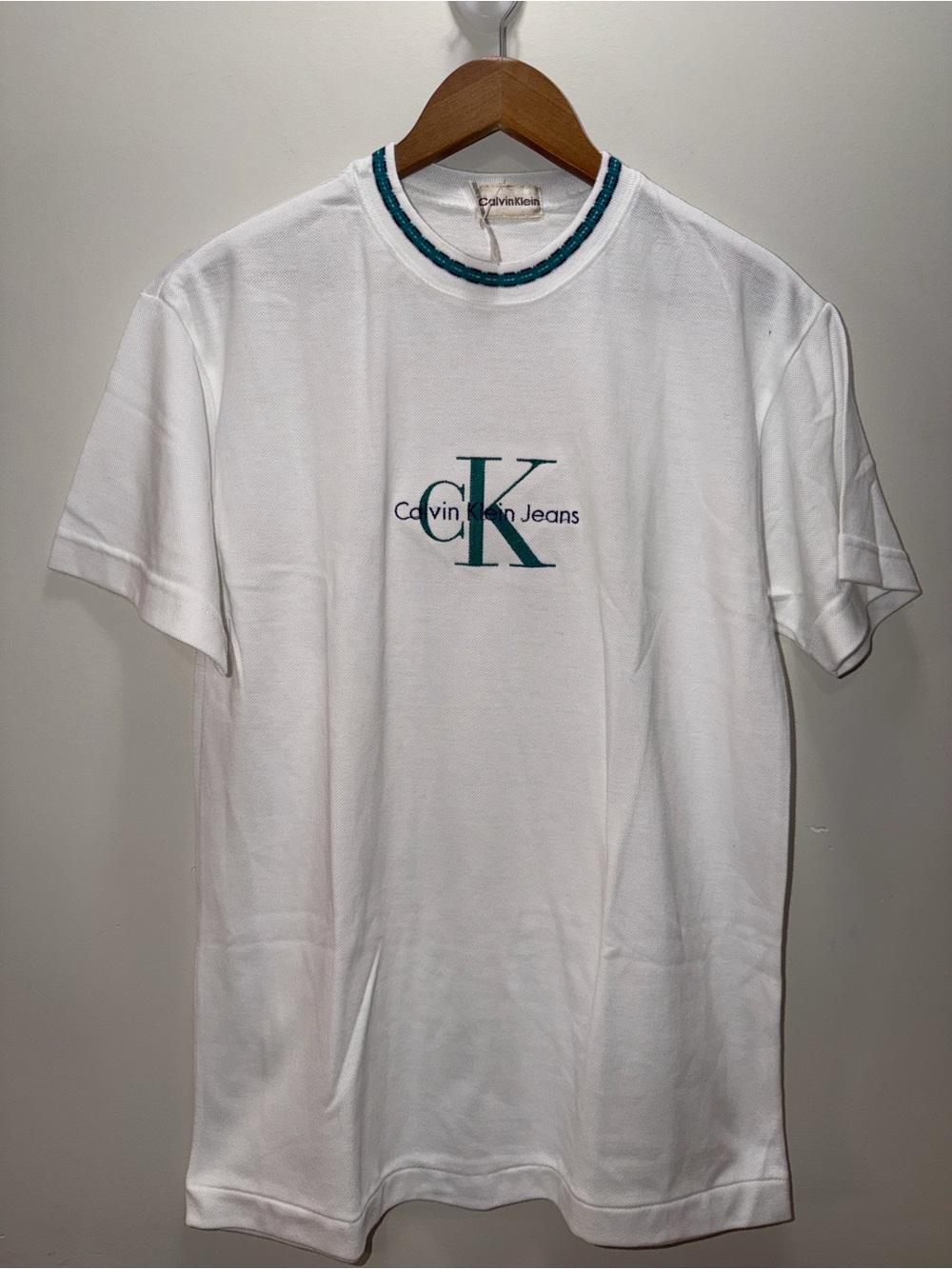 Vintage Deadstock 90z Calvin Klein Jeans White Crewneck Logo T-Shirt 28.5x23 new